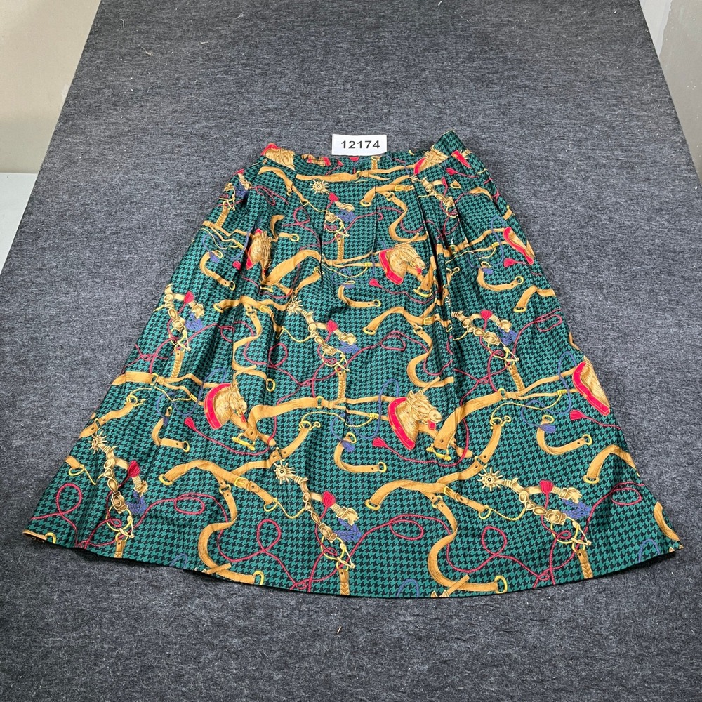VTG Alexander Campbell Skirt Womens 16 Green Horse Equestrian Belt Print Pleated